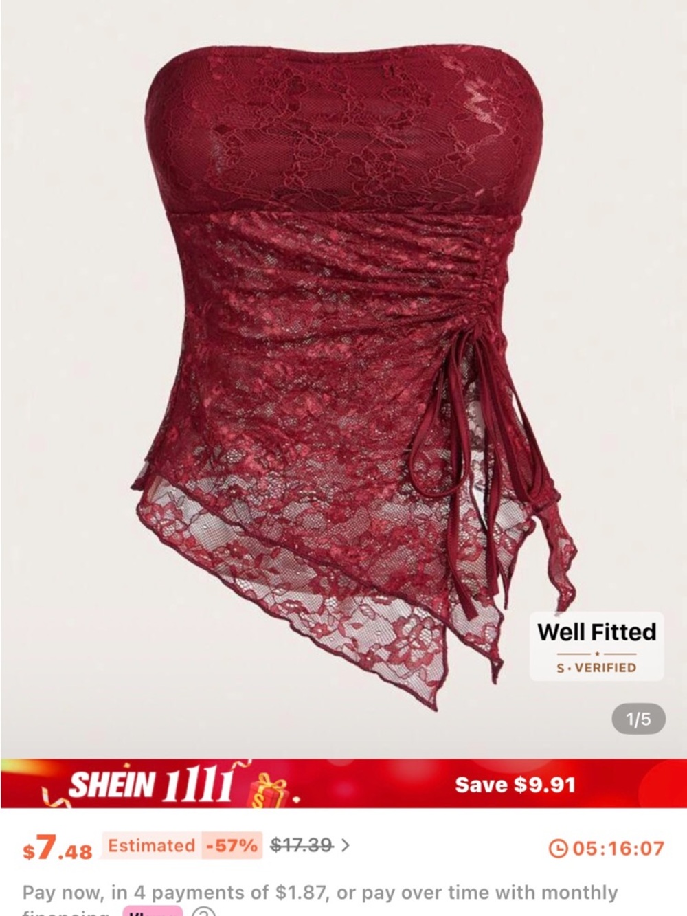 SHEIN Burgundy Lace Strapless Asymmetrical Crop Top